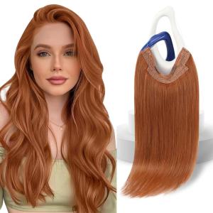 Sunny Hair Wire Hair Extensions Real Human Hair Fish Line Human Hair Extensions Invisible Wire Extensions Golden Blonde with Medium Blonde Highlights #16/22 18 Inch(B-4 #350 Copper)