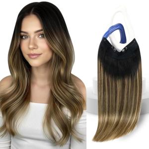 Sunny Hair Wire Hair Extensions Real Human Hair Fish Line Human Hair Extensions Invisible Wire Extensions Golden Blonde with Medium Blonde Highlights #16/22 18 Inch(C-2 #1B/4/27)