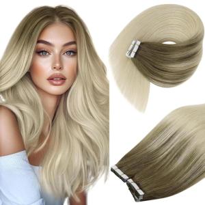 Ve Sunny Hair Extensions Tape in 16inch Tape in Human Hair Extensions Light Brown Ombre Platinum Blonde Tape Extensions Human Hair Invisible Natural Hair Seamless Silky Straight Skin Weft 20Pcs 50g