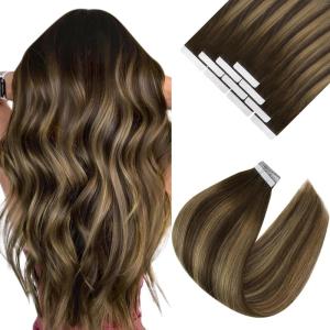 Ve Sunny Tape in Hair Extensions Real Human Hair Invisible Remy Human Hair Straight Tape Ins Double Sided Cool Brown Ombre Light Brown Balayage Medium Blonde 16 inch 10Pcs 25G(1-A Tape-#4/4/27)