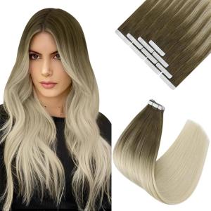 Ve Sunny Tape in Hair Extensions Real Human Hair Invisible Remy Human Hair Straight Tape Ins Double Sided Cool Brown Ombre Light Brown Balayage Medium Blonde 16 inch 10Pcs 25G(#8A/60)