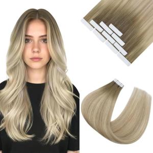 Ve Sunny Tape in Hair Extensions Real Human Hair Invisible Remy Human Hair Straight Tape Ins Double Sided Cool Brown Ombre Light Brown Balayage Medium Blonde 16 inch 10Pcs 25G(1-C Tape-#Sun)