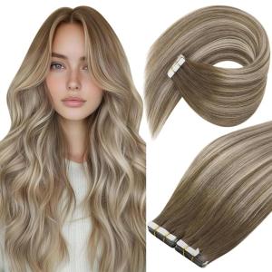 Ve Sunny Tape in Hair Extensions Real Human Hair Invisible Remy Human Hair Straight Tape Ins Double Sided Cool Brown Ombre Light Brown Balayage Medium Blonde 16 inch 10Pcs 25G(1-A Tape-# 6/60/6)