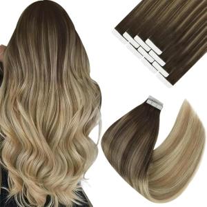 Ve Sunny Tape in Hair Extensions Real Human Hair Invisible Remy Human Hair Straight Tape Ins Double Sided Cool Brown Ombre Light Brown Balayage Medium Blonde 16 inch 10Pcs 25G(1-A Tape-# 4/14/60)