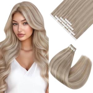 Ve Sunny Tape in Hair Extensions Real Human Hair Invisible Remy Human Hair Straight Tape Ins Double Sided Cool Brown Ombre Light Brown Balayage Medium Blonde 16 inch 10Pcs 25G(1-D Tape-#18/613)