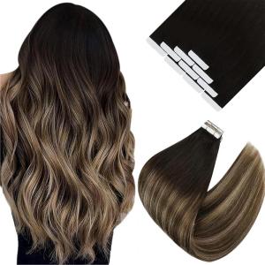 Ve Sunny Tape in Hair Extensions Real Human Hair Invisible Remy Human Hair Straight Tape Ins Double Sided Natural Black Ombre Dark Brown Balayage Ash Blonde 12 inch 10Pcs