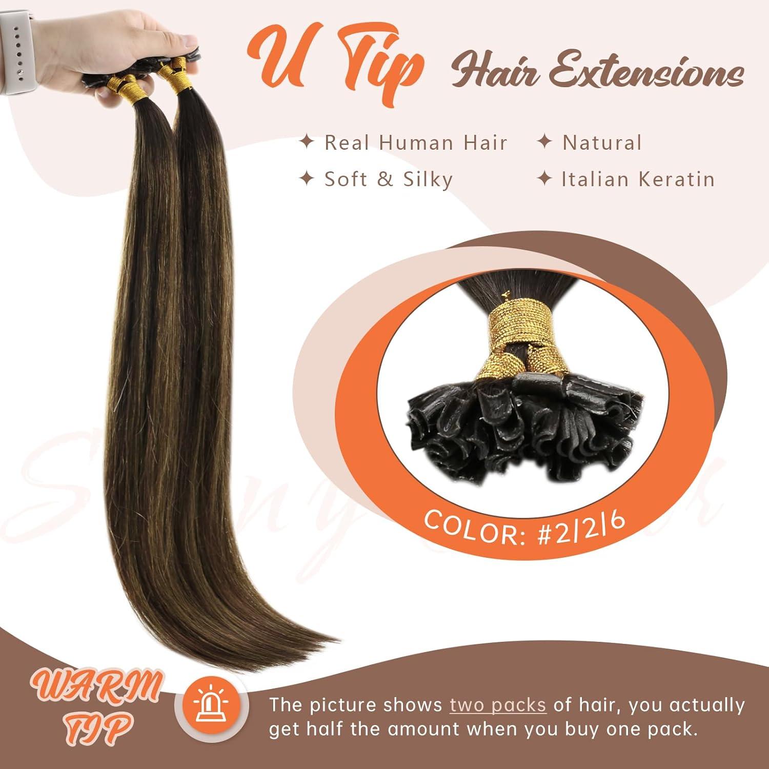 imageSunny Hair 18inch U Tip Hair Extensions Human Hair Natural Blends Ktip Human Extensions Dark Brown Balayage K Tip Extensions Human Hair for Party 50g