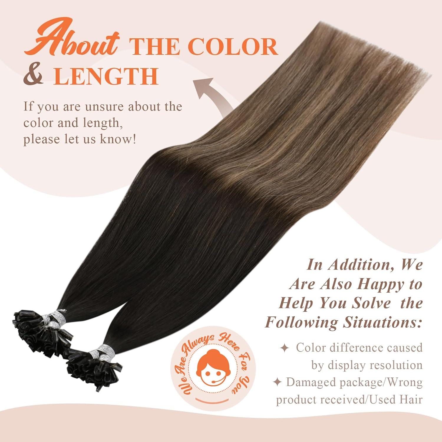 imageSunny Hair U Tip Hair Extensions Create Beauty K Tip Hair Extensions Real Human Hair Black Ombre Dark Brown Balayage Medium Ash Blonde Hot Fusion Keratin Hair Extension 16inch 50g