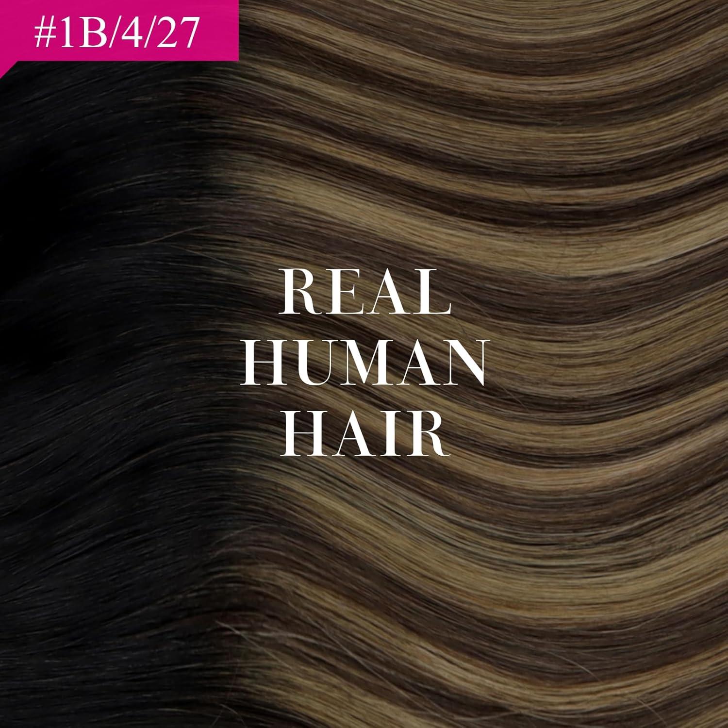 imageVe Sunny Hair Extensions Ponytail Real Human Hair 80g Wrap Around Clip in Ponytail Hair Extensions Straight Extensions Human Hair for Women Dark Brown Balayage Chestnut Brown 14 InchPony31B427 Black Ombre Dark Brown Balayage Caramel Blonde