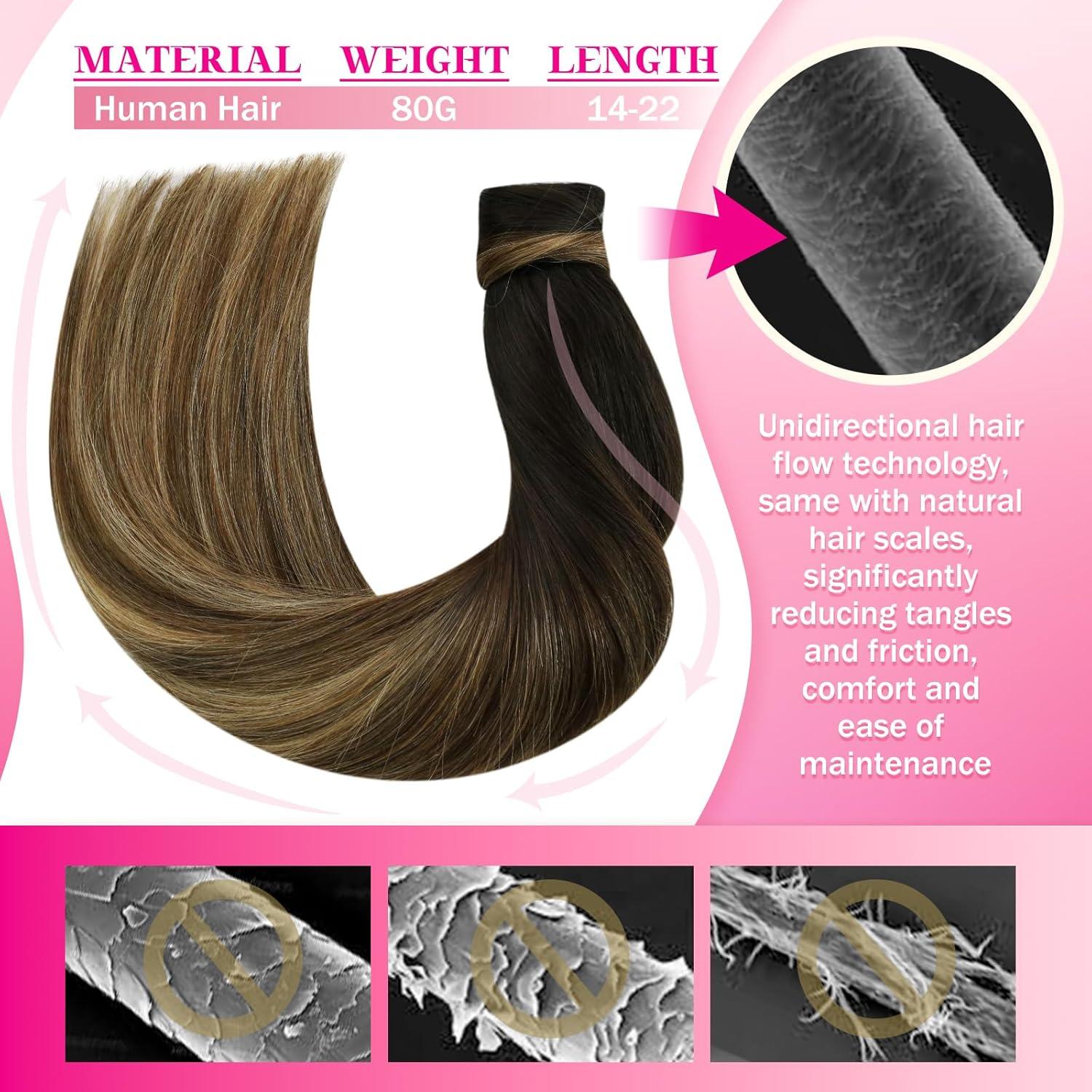 imageVe Sunny Hair Extensions Ponytail Real Human Hair 80g Wrap Around Clip in Ponytail Hair Extensions Straight Extensions Human Hair for Women Dark Brown Balayage Chestnut Brown 14 InchPony31B427 Black Ombre Dark Brown Balayage Caramel Blonde