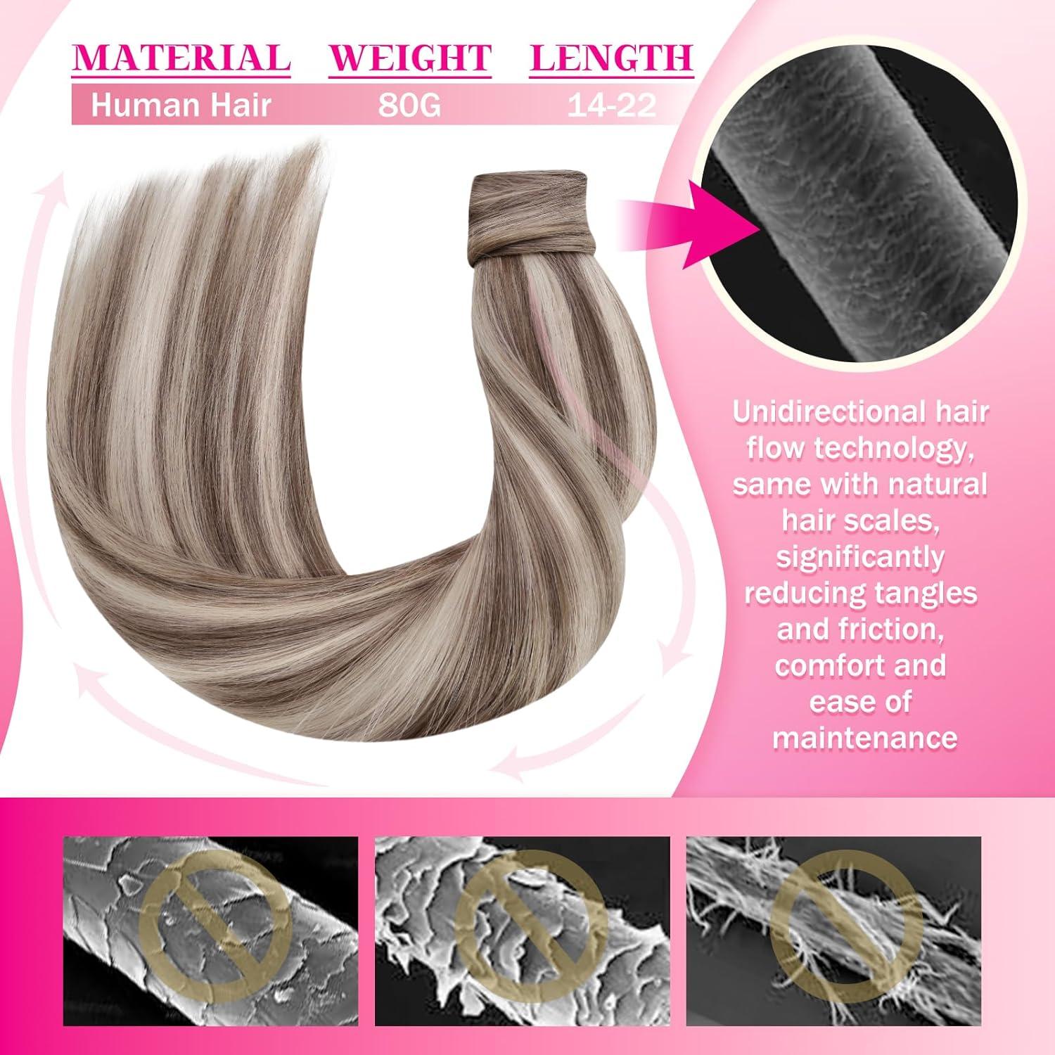 imageVe Sunny Hair Extensions Ponytail Real Human Hair 80g Wrap Around Clip in Ponytail Hair Extensions Straight Extensions Human Hair for Women Dark Brown Balayage Chestnut Brown 14 InchPony68A60 Light Brown Highlights Platinum Blonde