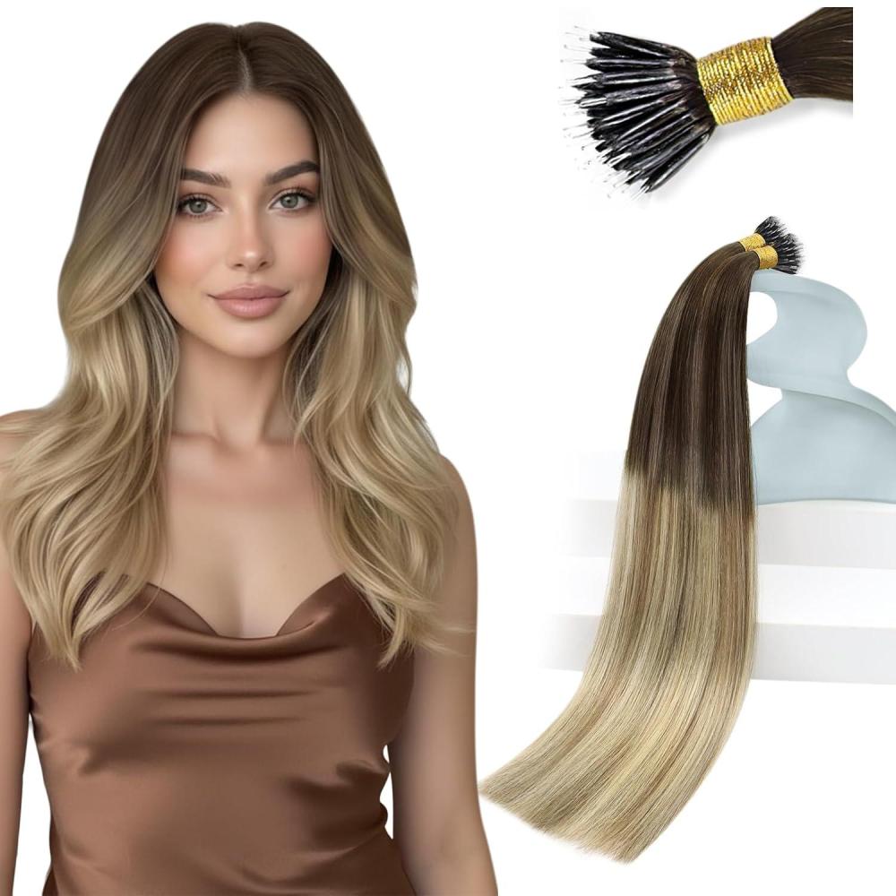 imageSunny Hair Natural Nano Ring Hair Extensions Ombre Remy Nano Hair Extensions Human Hair Dark Brown Ombre Light Blonde with Platinum Blonde 16inch 50g