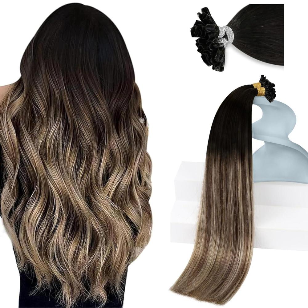 imageSunny Hair U Tip Hair Extensions Human Hair 20inch K Tip Hair Extensions Real Human Hair Black Ombre Brown Balayage Ash Blonde Hair Exttensions Keratin Bonds 50g