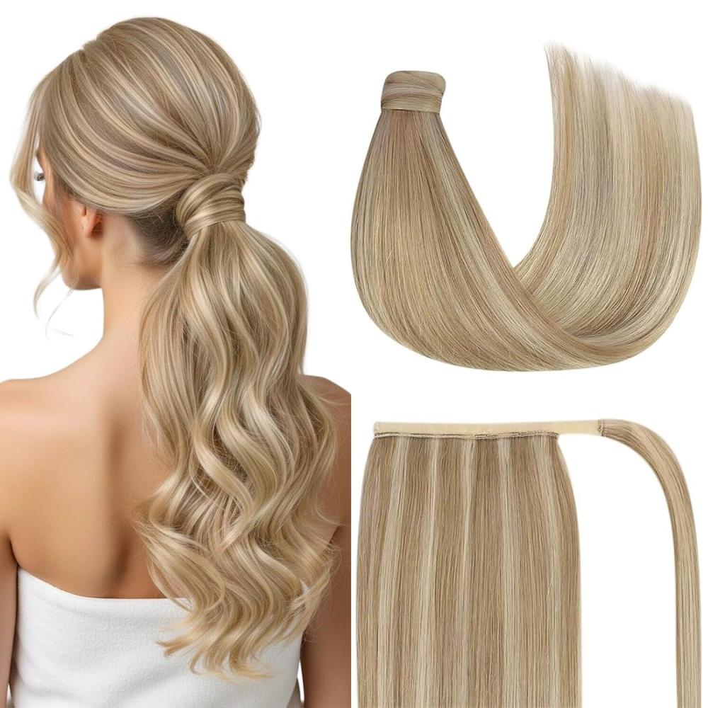 imageVe Sunny Hair Extensions Ponytail Real Human Hair 80g Wrap Around Clip in Ponytail Hair Extensions Straight Extensions Human Hair for Women Dark Brown Balayage Chestnut Brown 14 InchPony11622 Dark Blonde Highlights Golden Blonde
