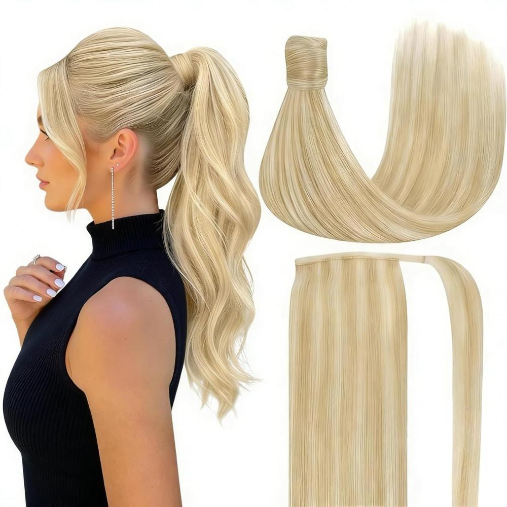 imageVe Sunny Hair Extensions Ponytail Real Human Hair 80g Wrap Around Clip in Ponytail Hair Extensions Straight Extensions Human Hair for Women Dark Brown Balayage Chestnut Brown 14 InchPony12760 Strawberry Blonde Highlights Bleach Blonde