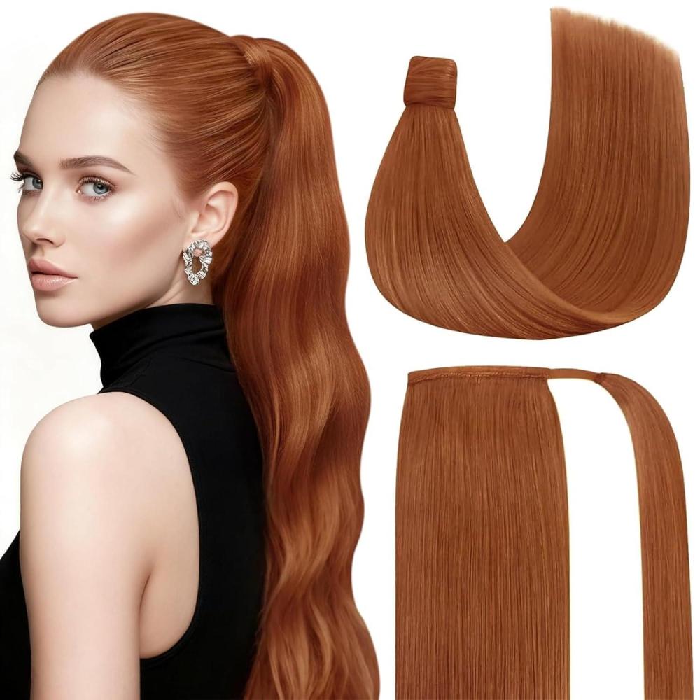 imageVe Sunny Hair Extensions Ponytail Real Human Hair 80g Wrap Around Clip in Ponytail Hair Extensions Straight Extensions Human Hair for Women Dark Brown Balayage Chestnut Brown 14 InchPony7350 Copper
