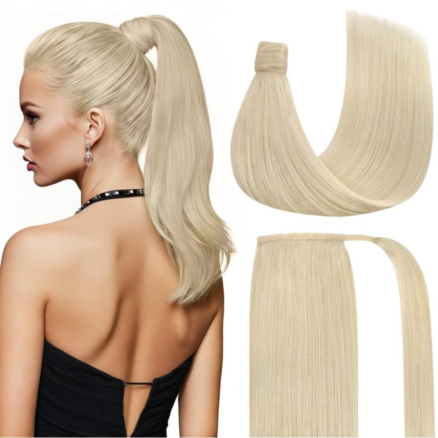imageVe Sunny Hair Extensions Ponytail Real Human Hair 80g Wrap Around Clip in Ponytail Hair Extensions Straight Extensions Human Hair for Women Dark Brown Balayage Chestnut Brown 14 InchPony560 White Platinum Blonde