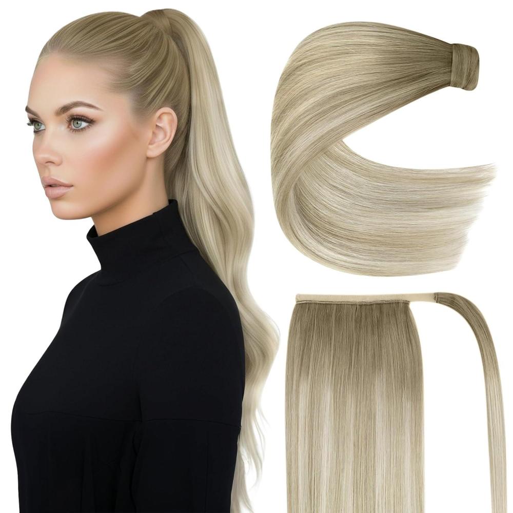 imageVe Sunny Hair Extensions Ponytail Real Human Hair 80g Wrap Around Clip in Ponytail Hair Extensions Straight Extensions Human Hair for Women Dark Brown Balayage Chestnut Brown 14 InchPony1SUN Ash Grey Balayage Platinum Blonde