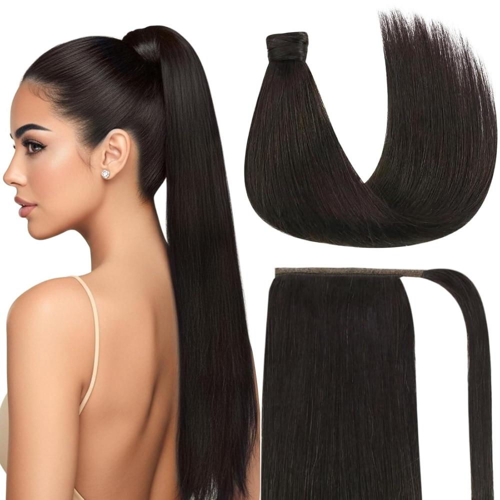 imageVe Sunny Hair Extensions Ponytail Real Human Hair 80g Wrap Around Clip in Ponytail Hair Extensions Straight Extensions Human Hair for Women Dark Brown Balayage Chestnut Brown 14 InchPony22 Brunette Dark Brown