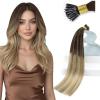 Sunny Hair Natural Nano Ring Hair Extensions Ombre Remy Nano Hair Extensions Human Hair Dark Brown Ombre Light Blonde with Platinum Blonde 16inch 50g