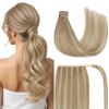 Ve Sunny Hair Extensions Ponytail Real Human Hair 80g Wrap Around Clip in Ponytail Hair Extensions Straight Extensions Human Hair for Women Dark Brown Balayage Chestnut Brown 14 Inch(Pony-1-#16/22 Dark Blonde Highlights Golden Blonde)