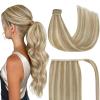 Ve Sunny Hair Extensions Ponytail Real Human Hair 80g Wrap Around Clip in Ponytail Hair Extensions Straight Extensions Human Hair for Women Dark Brown Balayage Chestnut Brown 14 Inch(Pony-1-#10/60 Dark Golden Blonde Highlights)