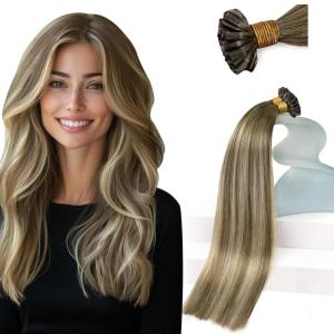 Sunny Hair 50g K Tip Hair Extensions Human Hair Easy to Curl K Tip Extensions Brown Balayage Blonde U Tip Hair Extensions for Party 14inch
