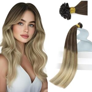 Sunny Hair U Tip Hair Extensions Human Hair Invisible Ktip ExtensionsDark Roots to Golden Brown Mix Blonde Fusion Hair 16inch Add Volume 50g