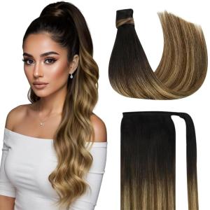 Ve Sunny Hair Extensions Ponytail Real Human Hair 80g Wrap Around Clip in Ponytail Hair Extensions Straight Extensions Human Hair for Women Dark Brown Balayage Chestnut Brown 14 Inch(Pony-3-#1B/4/27 Black Ombre Dark Brown Balayage Caramel Blonde)