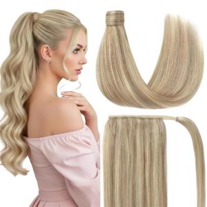 Ve Sunny Hair Extensions Ponytail Real Human Hair 80g Wrap Around Clip in Ponytail Hair Extensions Straight Extensions Human Hair for Women Dark Brown Balayage Chestnut Brown 14 Inch(Pony-1-#18/613 Blonde Highlights Warm Color)