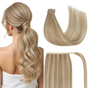 Ve Sunny Hair Extensions Ponytail Real Human Hair 80g Wrap Around Clip in Ponytail Hair Extensions Straight Extensions Human Hair for Women Dark Brown Balayage Chestnut Brown 14 Inch(Pony-1-#16/22 Dark Blonde Highlights Golden Blonde)