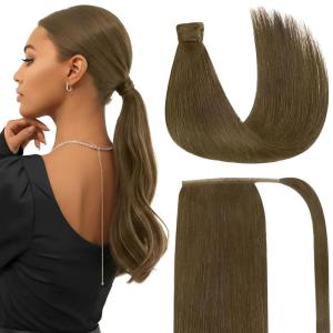 Ve Sunny Hair Extensions Ponytail Real Human Hair 80g Wrap Around Clip in Ponytail Hair Extensions Straight Extensions Human Hair for Women Dark Brown Balayage Chestnut Brown 14 Inch(Pony-6-#8 Light Ash Brown)