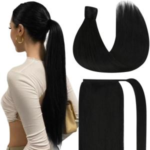 Ve Sunny Hair Extensions Ponytail Real Human Hair 80g Wrap Around Clip in Ponytail Hair Extensions Straight Extensions Human Hair for Women Dark Brown Balayage Chestnut Brown 14 Inch(Pony-3-#1 Jet Black)