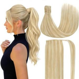 Ve Sunny Hair Extensions Ponytail Real Human Hair 80g Wrap Around Clip in Ponytail Hair Extensions Straight Extensions Human Hair for Women Dark Brown Balayage Chestnut Brown 14 Inch(Pony-1-#27/60 Strawberry Blonde Highlights Bleach Blonde)