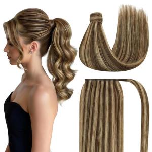 Ve Sunny Hair Extensions Ponytail Real Human Hair 80g Wrap Around Clip in Ponytail Hair Extensions Straight Extensions Human Hair for Women Dark Brown Balayage Chestnut Brown 14 Inch(Pony-6-#4/27 Medium Brown Highlighted Caramel Blonde)