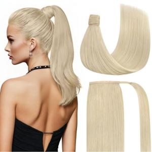 Ve Sunny Hair Extensions Ponytail Real Human Hair 80g Wrap Around Clip in Ponytail Hair Extensions Straight Extensions Human Hair for Women Dark Brown Balayage Chestnut Brown 14 Inch(Pony-5-#60 White Platinum Blonde)