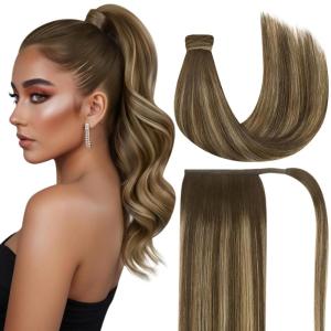 Ve Sunny Hair Extensions Ponytail Real Human Hair 80g Wrap Around Clip in Ponytail Hair Extensions Straight Extensions Human Hair for Women Dark Brown Balayage Chestnut Brown 14 Inch(Pony-4-#4/27/4 Medium Brown Balayage Ombre Caramel Blonde)