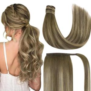 Ve Sunny Hair Extensions Ponytail Real Human Hair 80g Wrap Around Clip in Ponytail Hair Extensions Straight Extensions Human Hair for Women Dark Brown Balayage Chestnut Brown 14 Inch(Pony-5-#3/8/22 Walnut Brown Ombre Light Brown Balayage Blonde)