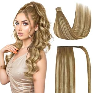 Ve Sunny Hair Extensions Ponytail Real Human Hair 80g Wrap Around Clip in Ponytail Hair Extensions Straight Extensions Human Hair for Women Dark Brown Balayage Chestnut Brown 14 Inch(Pony-4-#6/60/6 Chestnut Brown Ombre Platinum Blonde)