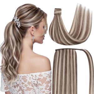 Ve Sunny Hair Extensions Ponytail Real Human Hair 80g Wrap Around Clip in Ponytail Hair Extensions Straight Extensions Human Hair for Women Dark Brown Balayage Chestnut Brown 14 Inch(Pony-6-#8A/60 Light Brown Highlights Platinum Blonde)
