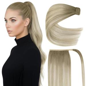 Ve Sunny Hair Extensions Ponytail Real Human Hair 80g Wrap Around Clip in Ponytail Hair Extensions Straight Extensions Human Hair for Women Dark Brown Balayage Chestnut Brown 14 Inch(Pony-1-#SUN Ash Grey Balayage Platinum Blonde)