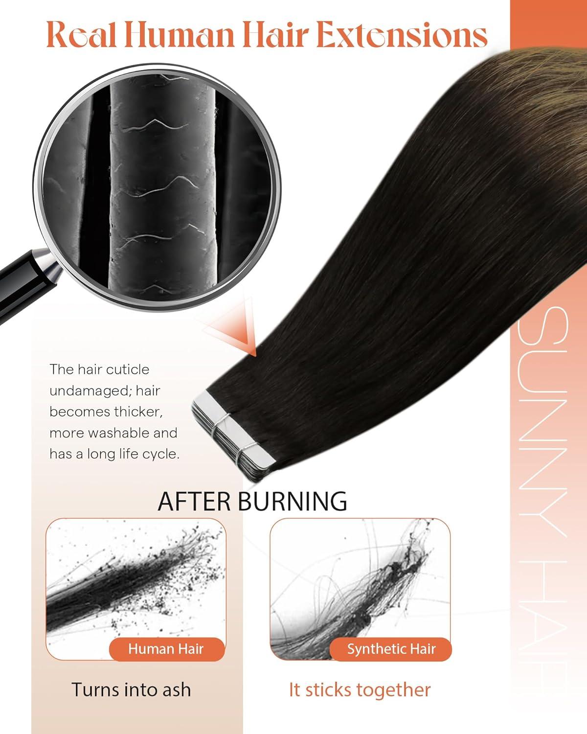 imageSunny Off Black Ombre Hair Extensions Tape in 1B Black Ombre 4 Brown with 18 Ash Blonde Tape Hair Extensions Thick Ends Tape in Extensions Remy Human Hair 16inch 20pcs50g
