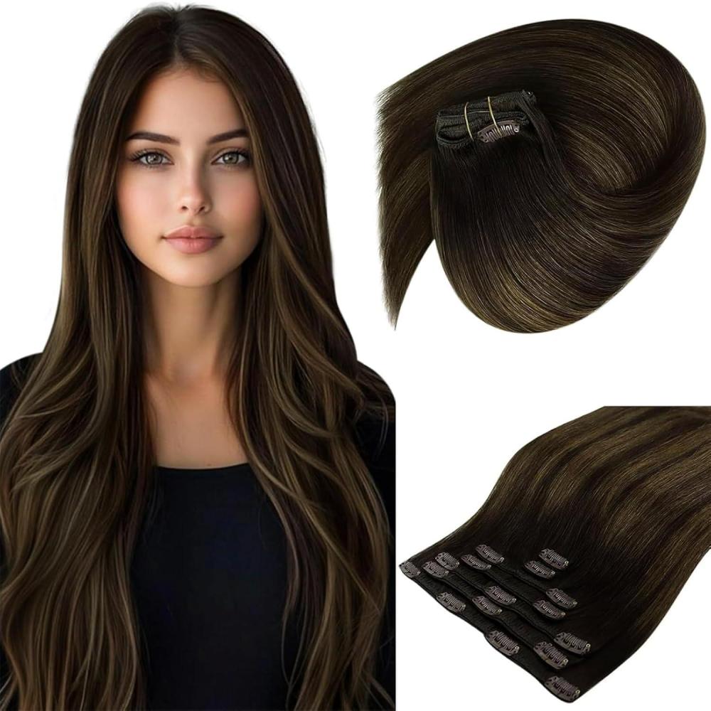 image2 Packs Bundle Total 14pcs Sunny Hair Clip in Hair Extensions Brown 26 Inch 7pcs 165g Plus 7pcs Clip in Hair Extensions Balayage Dark Brown 120g 18 Inch Total 285g