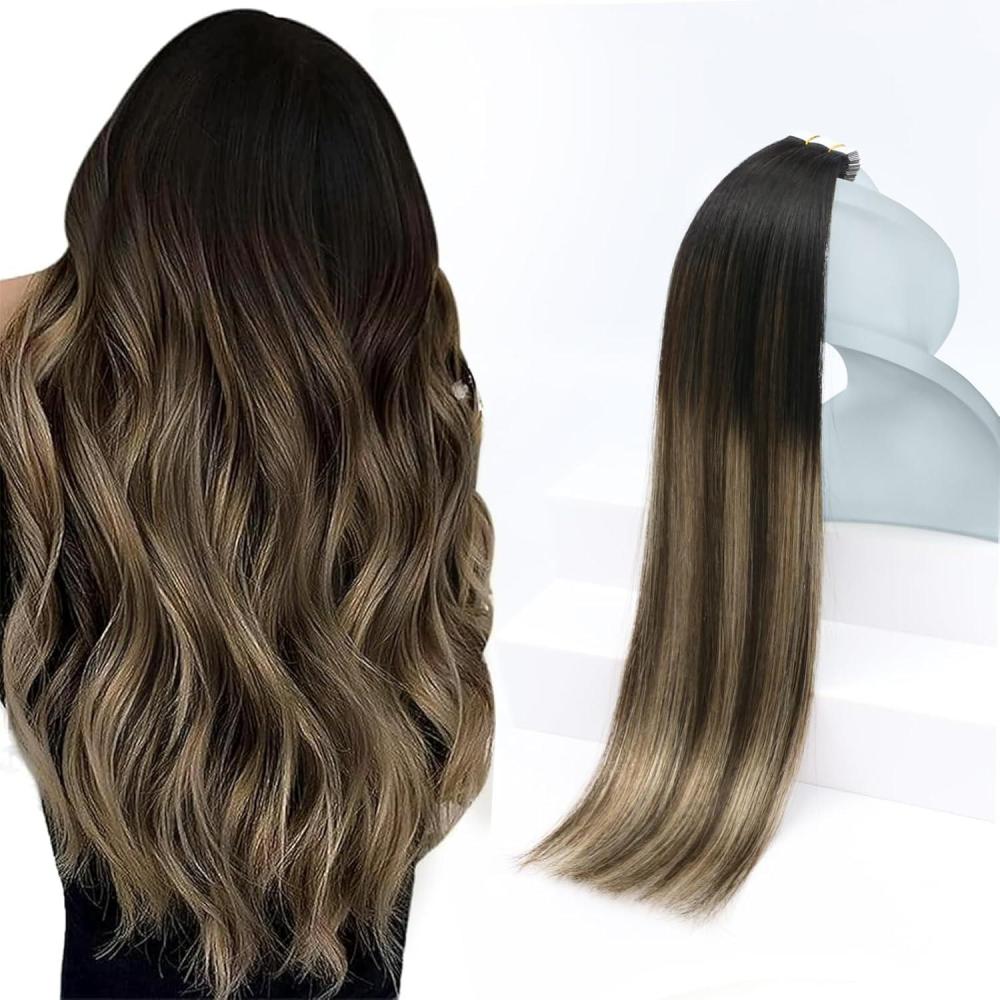 imageSunny Off Black Ombre Hair Extensions Tape in 1B Black Ombre 4 Brown with 18 Ash Blonde Tape Hair Extensions Thick Ends Tape in Extensions Remy Human Hair 16inch 20pcs50g