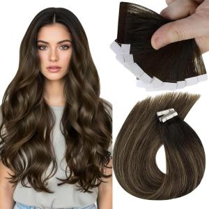 Sunny Hair Tape in Hair Extensions Real Human Hair Invisible Remy Hair Extensions Tape ins for Women Darkest Brown Ombre Medium Brown Balayage 20 inch 25G