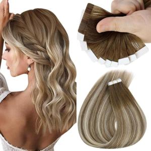 Sunny Hair Tape in Hair Extensions Real Human Hair Invisible Remy Hair Extensions Tape ins for Women Medium Brown Ombre PLatinum Blonde Balayage 20 inch 25G