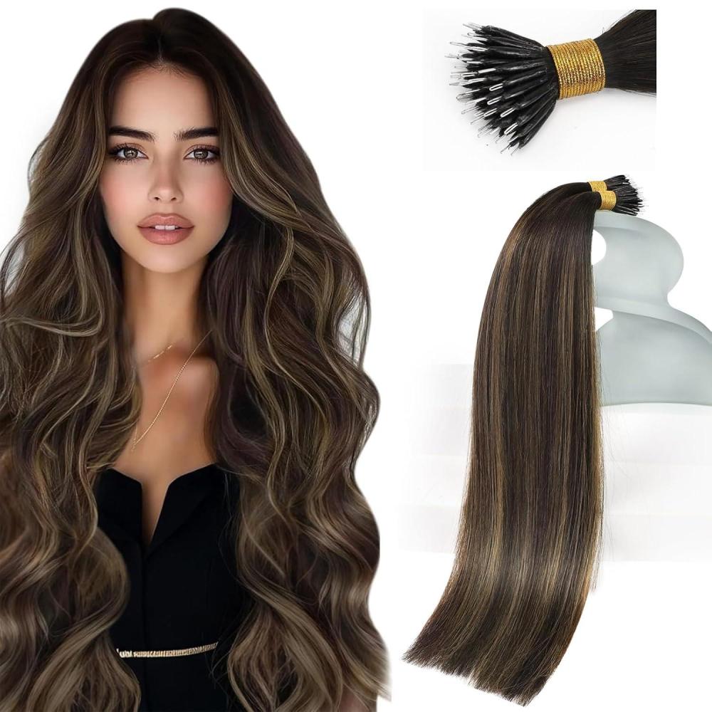 imageSunny Hair 20Inch Nano Bead Hair Extensions Human Hair Balayage Brown Nano Hair Extension Human Hair Dark Brown Ombre Medium Nano Ring Hair Extensions for Women 50G