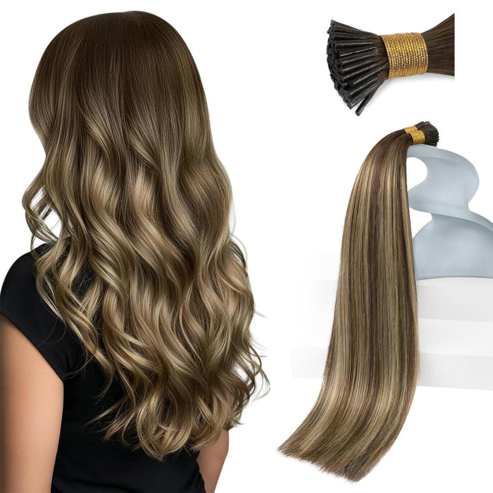 imageSunny Hair I Tip Human Hair Extensions 20inch I Tip Hair Extensions Human Hair Medium Brown Balayage Caramel Blonde Mix Brown I Tips Hair Extensions Real Human Hair for Party 50g 50s