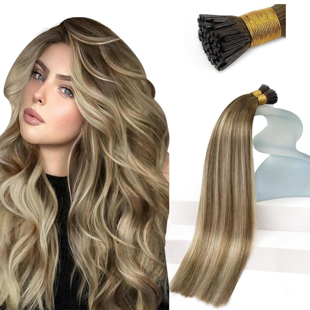 imageSunny Hair I Tips Hair Extensions Real Human Hair Balayage Brown with Blonde Itip Hair Extensions 20inch I Tip Human Hair Extensions Soft 50g