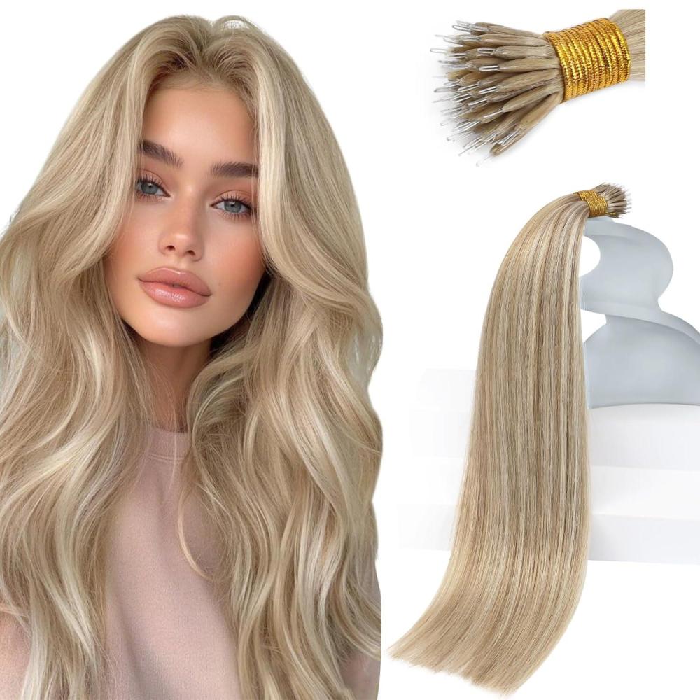 imageSunny Hair Nano Bead Hair Extensions Real Human Hair Ash Blonde Highlights Bleach Blonde Nano Tip Hair Extensions Real Human Hair for Women Nano NaturalLooking Hair Extensions 50G